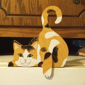 Calico Cat Shelf Sitter Decor w/ Green Eyes. Black White Orange